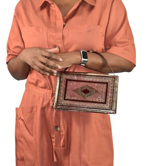 Vintage Embossed Leather Slim Bag Red Gold Gilding Italian Handbag Handle Small - Picture 11 of 16